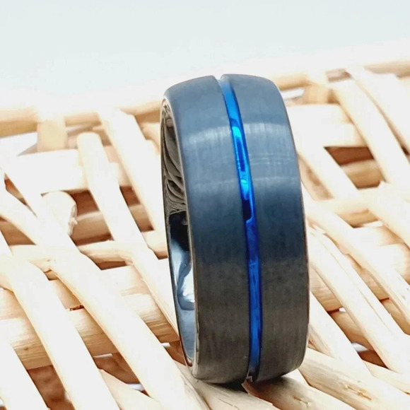 "Black Tungsten Wedding Ring with Blue Groove, GALTUN989 - Picture 2 of 5